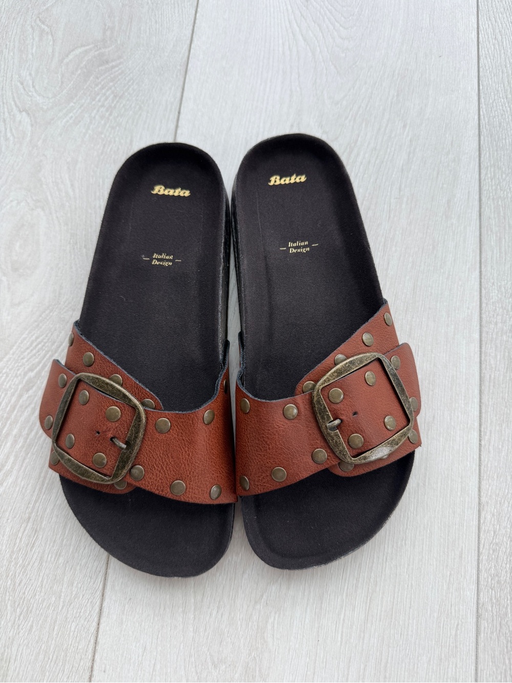 Italian Women's Brown Studded Slide Sandals with Buckle